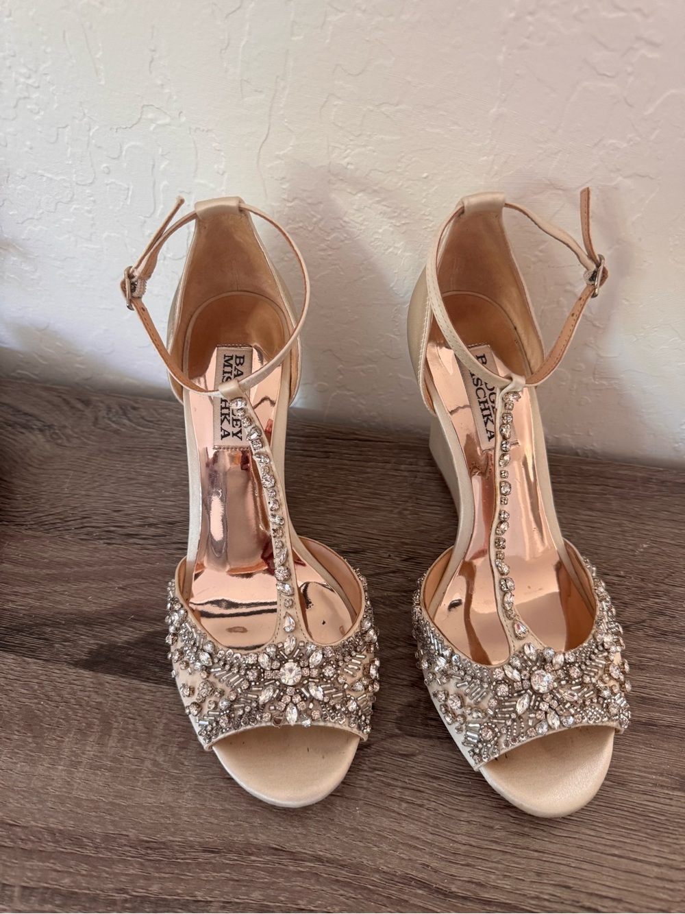 Badgley Mischka Embellished T-Strap Heels in Nude
